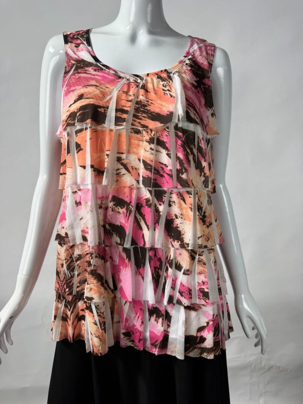 Chicos Camo Tech Multi-Color Ruffle Front Tank Top Size 2 Polyester/Nylon